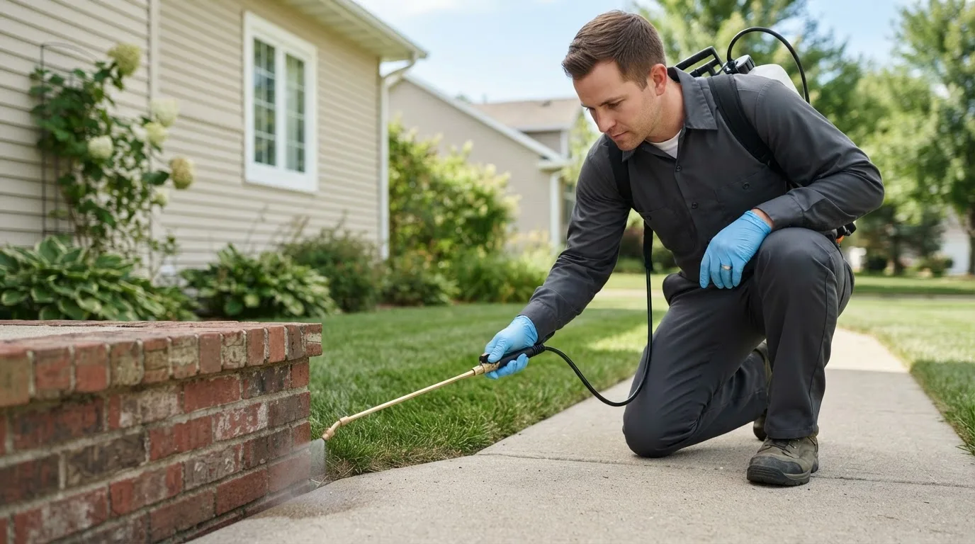 Pest control technician treating a home near Steamboat Rock, IA